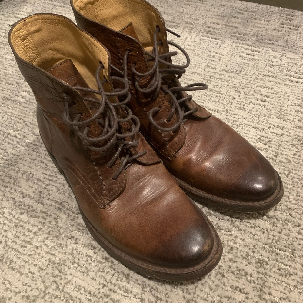 Frye Brown Leather Ankle Boots with Lace-Up Design